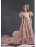 Feather Sleeve Beaded Lace Tulle Flower Girl Dress